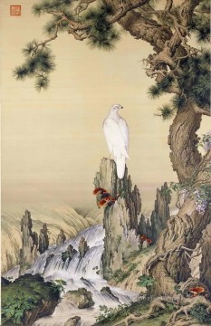 fall Painting - Lang shining white bird near waterfall traditional China